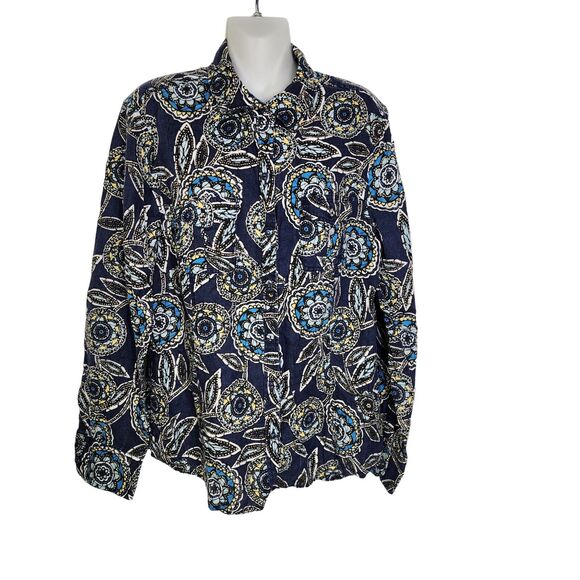 Charter Club Women Top Sz 16 Blue Floral 100% Linen Long Roll Tab Button Pocket - Picture 2 of 12